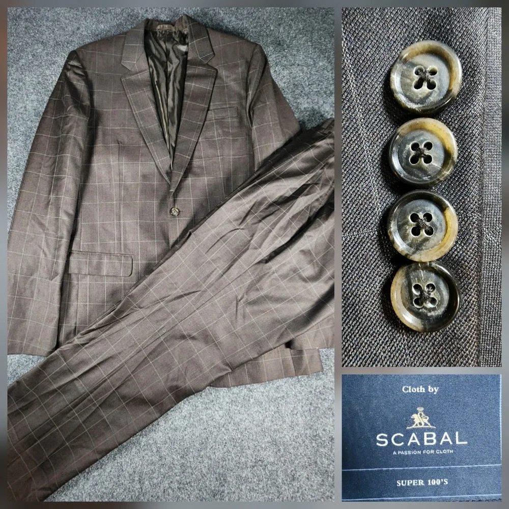 Scabal Bespoke 2 Pc Suit Mens 43XL Pants35x37 Brown Windowpane Super 100s Wool